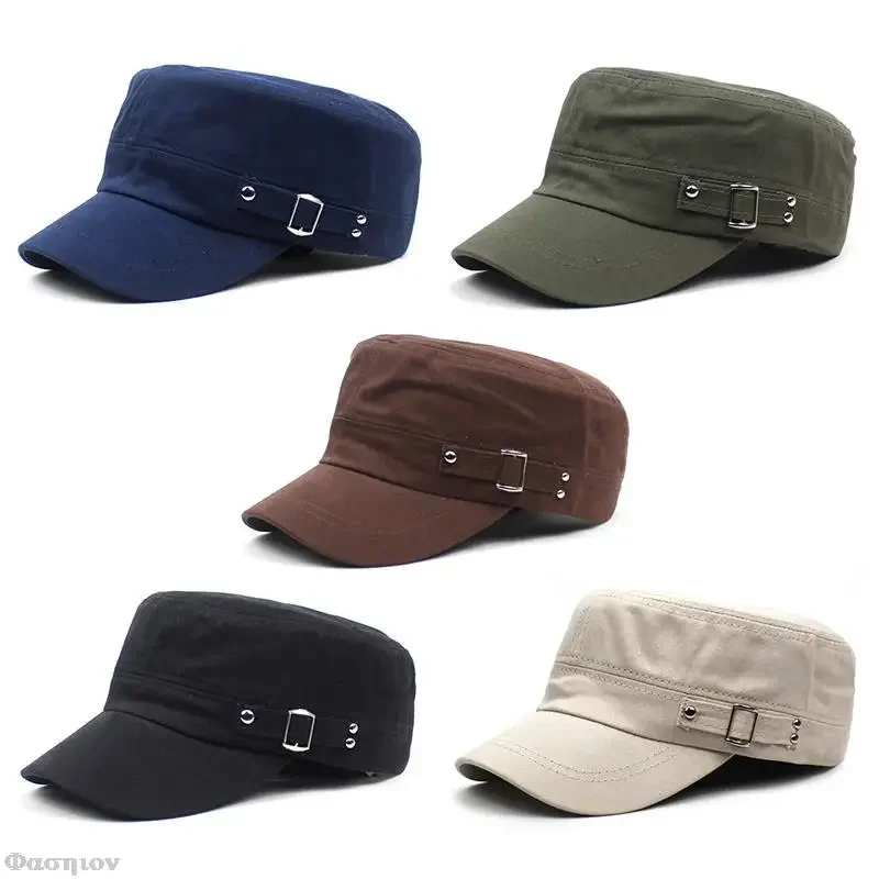 Snapback Hat Flat - 男性と女性のための綿のフラットトップ,アーミーヘッドギア,調節可能なバイザーキャップ,無地,色あせた,夏と秋