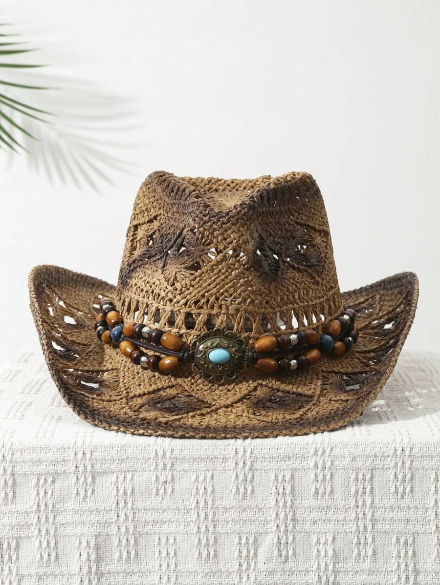 1 個ユニセックスビーズ装飾染色ワイドブリムプリントカウガー - Cowboy Hat Straw のレビューと価格